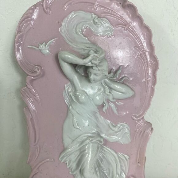 Elegant Vtg Art Nouveau Pink and White Wall Decor Plaque - Picture 3 of 11